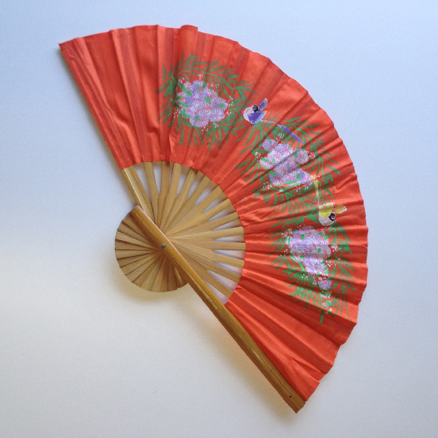 FAN, Asian Style - Orange w Painted Birds & Blossom 80cm